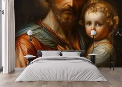  Tenderness of saint Joseph, a touching portrayal of the paternal love and guidance shared between st. Joseph and boy Jesus Christ, capturing a timeless bond of faith and devotion in sacred art Wall mural