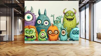 A colorful illustration of cartoon monsters with big eyes Wall mural