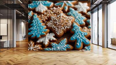 A delightful assortment of colorful Christmas gingerbread cookies, decorated with intricate icing designs, bringing festive cheer and sweetness to the holiday celebrations. Wall mural