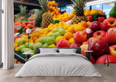 a fruit stand with apples, oranges, and other fruits Wall mural