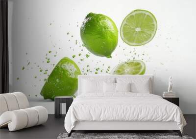 A group of limes fall from above, creating a splash and mess on the ground Wall mural