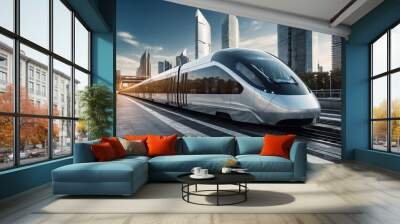 An impressive image of a high-speed futuristic train, featuring innovative design and advanced technology, symbolizing the future of transportation and efficient travel across vast distances. Wall mural