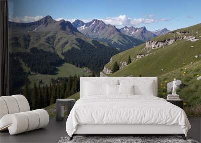 Beautiful panoramic view of mountains with green grass and fir trees Wall mural