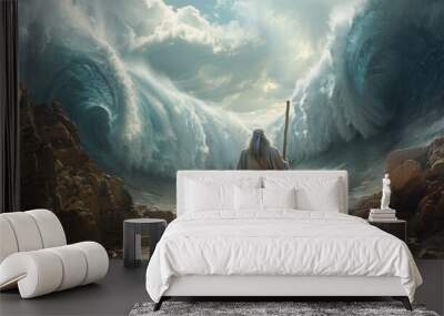 Biblical miracle: back view of moses dividing the sea with his stick, giant walls made of water waving, depicting a powerful christian symbol of divine intervention and faith from the old testament. Wall mural