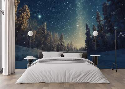 Starry sky over snowy landscape with cross country ski track and gently falling snowflakes at night Wall mural