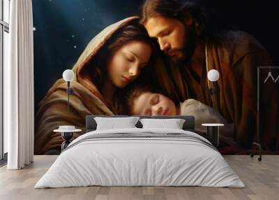 Celebrating the sacred moment: Christmas nativity scene, a timeless portrayal of divine joy, peace, and love, capturing the essence of the holiday spirit and the story of Jesus Christ's birth. Wall mural