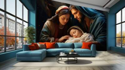 Celebrating the sacred moment: Christmas nativity scene, a timeless portrayal of divine joy, peace, and love, capturing the essence of the holiday spirit and the story of Jesus Christ's birth. Wall mural