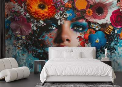 Collage of women portraits with white and pink flowers and detailed abstract composition. Graffiti interior art picture.  Wall mural