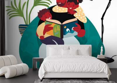 Father, daughter and son are reading a book together.Happy smiling family having fun. Bean bag chair,home plant and floor lamp.Cartoon flat vector illustration isolated on white background. Wall mural