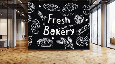 Fresh Bakery.Banner with pastries and lettering.Bread,baguette,buns,croissant,donut and other products.Background with Line Art of food for bakery or cafe.Vector  illustration white elements on black. Wall mural