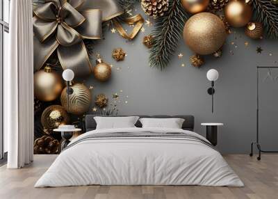 Golden Christmas ornaments and decorations on grey background and copy space. Fir tree branches. modern luxury design, for invitation cards. banners, ticket, discount, certificate Wall mural