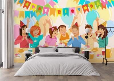 Group of Children Celebrating Happy Birthday. Wall mural