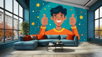 Happy man shows gesture cool. Like, approval gesturing. Good deal, sale. Luck. Good mood. Right decision, positive rate Wall mural