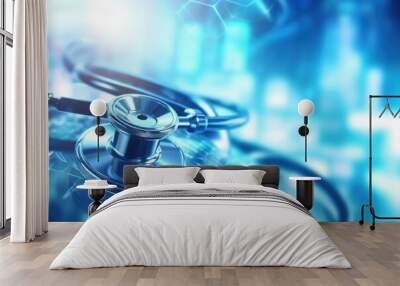 Healthcare and medicine concept. Healthcare insurance. Medical examination service. Stethoscope Heart. Wellness message, care in the hands of doctors. Care and Longevity. Professionals.  Wall mural