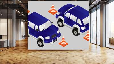 Isometric passenger cars in two views . 3D cars are isolated objects and drawn in a cartoon style. They can be used to create banners, leaflets, flyers and other users.Vector illustration. Wall mural