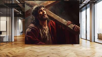 Jesus Christ carries his cross to Golgotha. Bible. Faith. Torment and suffering. Giving his life for our sins. The hard way. Christian symbol of faith. Calvary. God. Wall mural