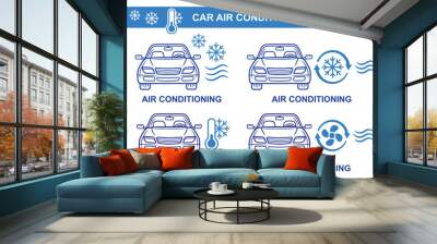 Car air conditioning, automobile climate control system, auto transport cooling conditioner equipment line icon set. Cold temperature regulation, vehicle cooler for hot weather. Snowflake sign. Vector Wall mural