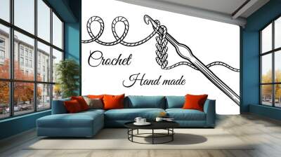 Crochet knitting sign. Crocheting hook with yarn thread. Steel accessory for hand made knit. Hobby craft of making textile clothing. Needlework. Work of knitter. Knitwear shop symbol. Outline vector Wall mural