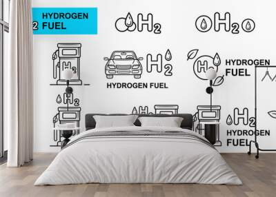 H2 hydrogen fuel gas cell car filling station, electric hybrid auto transport charging line icon set. Automobile vehicle refueling ecological gasoline. Alternative eco friendly renewable energy vector Wall mural