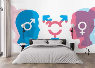 Transgender person, gender identity man and woman. Male, female sex change. LGBTQ pride month. LGBT freedom. Binary trans people head silhouette. No social discrimination, human right equality. Vector Wall mural