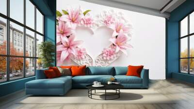 Lily flowers on heart frame with copy space on pastel background. For posters, greeting card. Wall mural