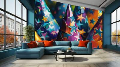 Party decorations featuring colorful hats with star designs, suitable for birthday parties and celebrations Wall mural