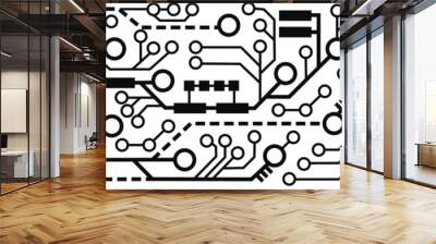 Printed circuit board for electronic devices.Black white horizontal banner with abstract electronic circuit.Geometric seamless border.Vector graphic design,background.Artificial intelligence concept. Wall mural