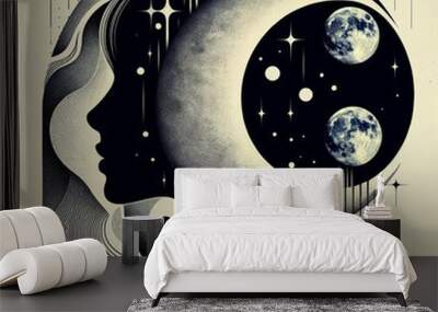 Profile of a man in art deco style graphics ink retro  with moon and stars and two earth  Wall mural