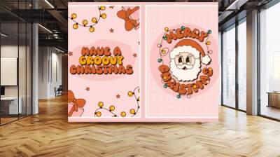 Groovy 70s Christmas card set. Trendy retro cartoon style. Festive greeting card, print, invitation, poster, banner, background. Wall mural