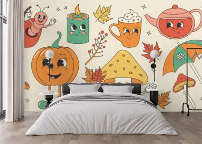 Groovy retro autumn sticker set. Trendy retro cartoon style. Wall mural