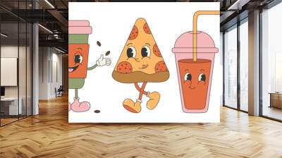 Trendy groovy fast food sticker set. Retro vintage vector set with cute and funny characters. Hot dog, coffee, soda, french fries, pizza. Wall mural