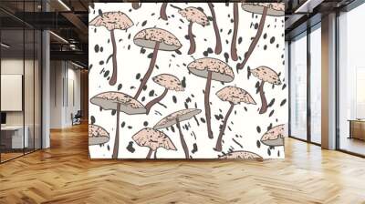 Seamless pattern with mushrooms. Hand drawn vector illustration. Vegan food menu. Poisonous and edible mushroom. Autumn mushroom picking, forest plant sketches Wall mural