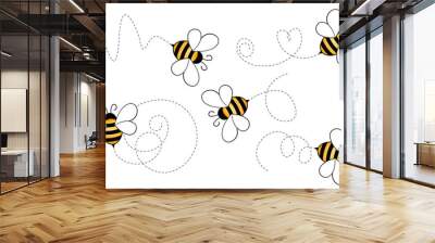 Set of cartoon bee mascot. A small bees flying on a dotted route. Wasp collection. Vector characters. Incest icon. Template design for invitation, cards. Doodle style Wall mural