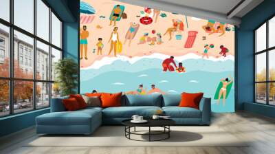 Summer vacation cartoon illustration with people relaxing on the sea beach.Families with children, young couples, women and men.Vector design with sunbathing, swimming and playing characters.
 Wall mural