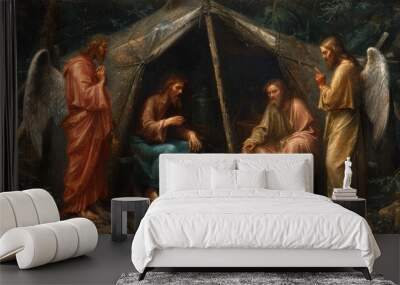 The encounter with three angels, the biblical narrative of Abraham divine visitation, a moment of awe and revelation in ancient scripture and spiritual tradition Wall mural