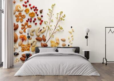 dried fruits and nuts on a white background laid out in the corner. copy space. Wall mural