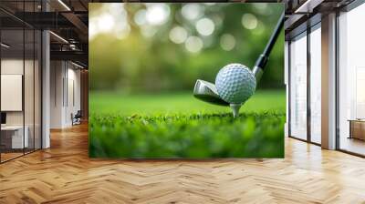 Golf ball on tee with golf club on golf course Wall mural