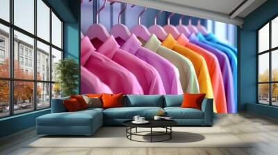 Multiple light colored shirts hanging in the closet. Wall mural