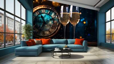 two glasses of champagne to celebrate Christmas midnight on clock background Wall mural