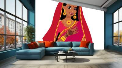 Beautiful Indian brunette young woman in sari. Hands with mehndi pattern Wall mural