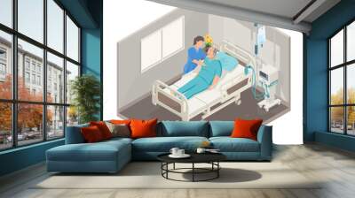 bedridden patient elderly care concept old man isometric hospital room Wall mural