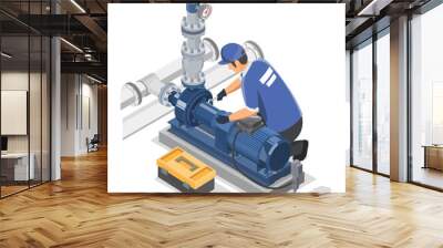 Maintenance technician working with Industrial Water Pumps Building Maintenance Service concept isometric isolated cartoon vector Wall mural