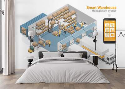 smart warehouse management iot system for factory shipment  isometric Wall mural