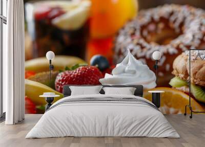 Assorted desserts with strawberries and whipped cream close-up Wall mural