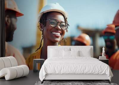 Black female engineer smiling with coworkers on construction site, concept of diversity and teamwork Wall mural