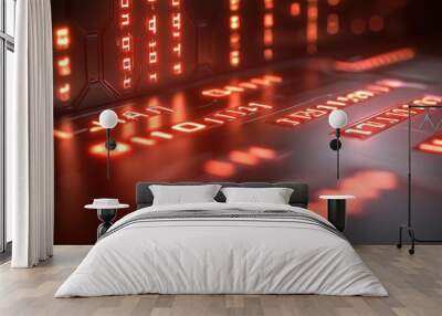 Digital Landscape with Glowing Red Binary Numbers and Futuristic Design Wall mural