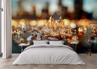 Miniature golden cityscape with sparkling lights Wall mural