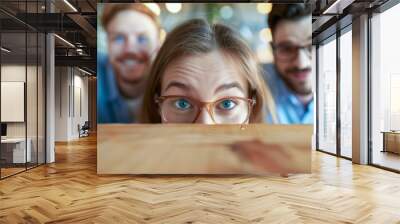 Playful Peekaboo at Cafe, Young Adults Having Fun Wall mural