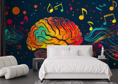 Vibrant Brain with Music Notes - Cognitive and Artistic Concept Wall mural