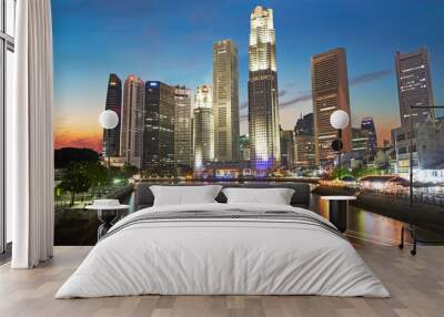 Long-exposure of the skyline of the financial hub of Singapore illuminated at twilight Wall mural